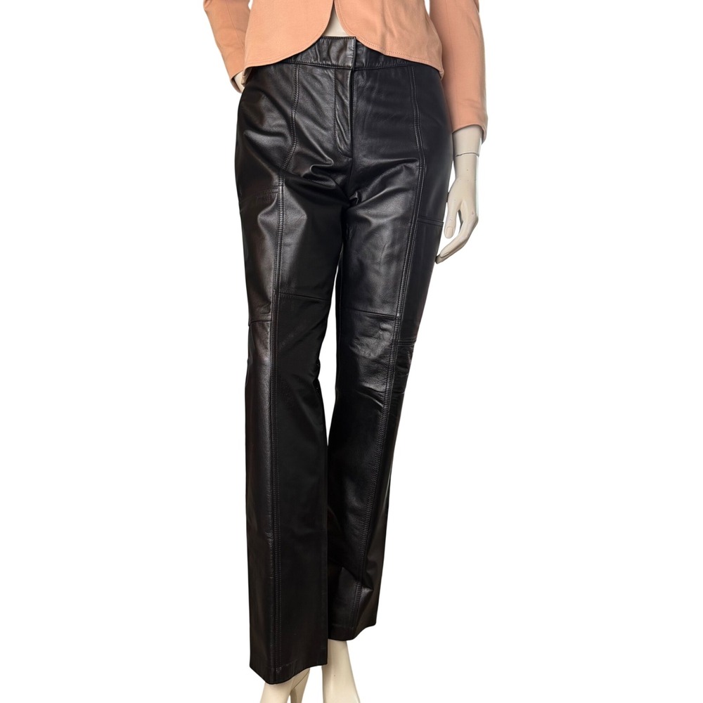 Danier Leather Pants Straight Leg Panelled Black Biker 90s Grunge Old Money 8/29 - Picture 6 of 16